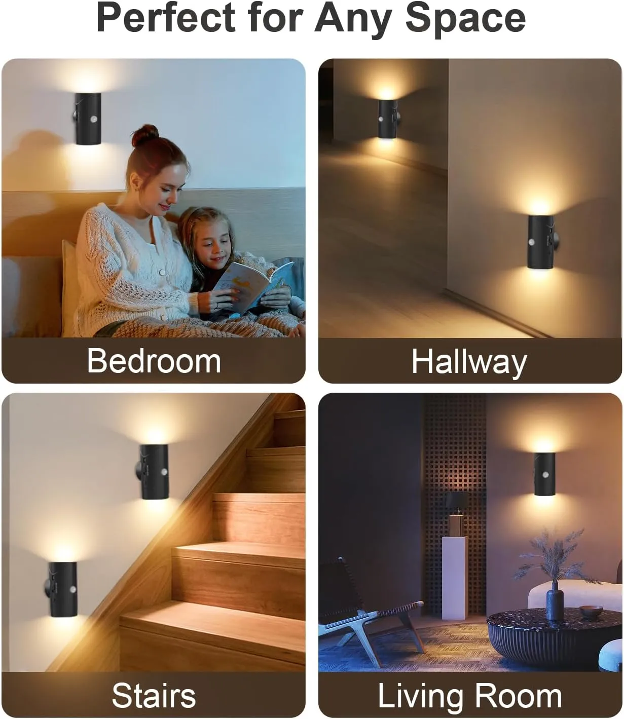 2 Pack LED Motion Sensor Night Light Indoor, Rechargeable Wall Lights Battery Operated Wall Sconces Set of Two, Dimmable Magnetic Stick On Wall Lamps for Bedroom Bedside Kitchen Stairs Hallway-Black