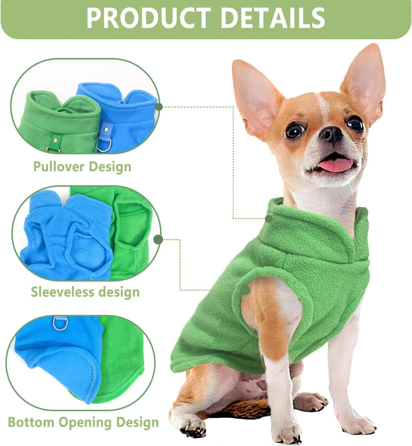 2 Pieces Fleece Dog Sweater Vest Winter Warm Dog Sweaters for Small Dogs Male Female Fall Pullover Doggie Clothes with D-Ring Soft Puppy Cold Weather Coat Clothing (Blue,Green, Medium)