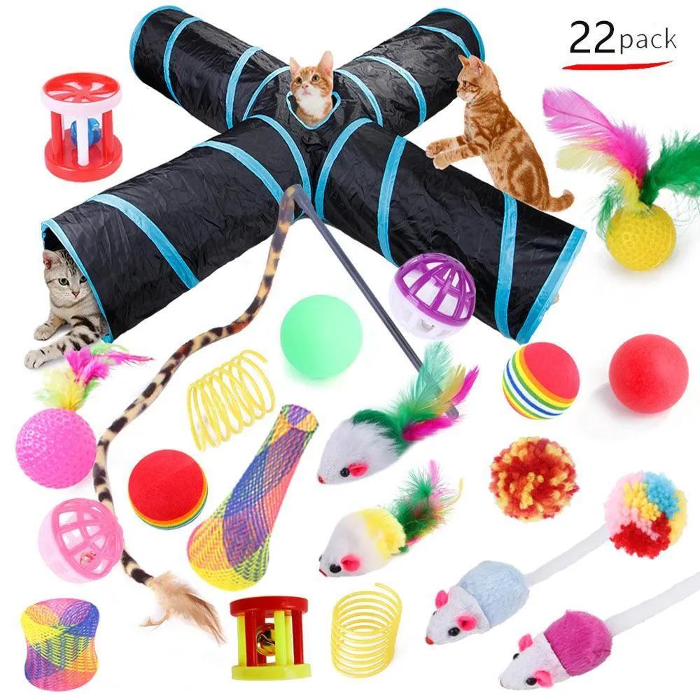 22-Piece Funny Cat Toy Set With Cat Tunnel - Interactive Pet Toys For Endless Fun by Dog Hugs Cat