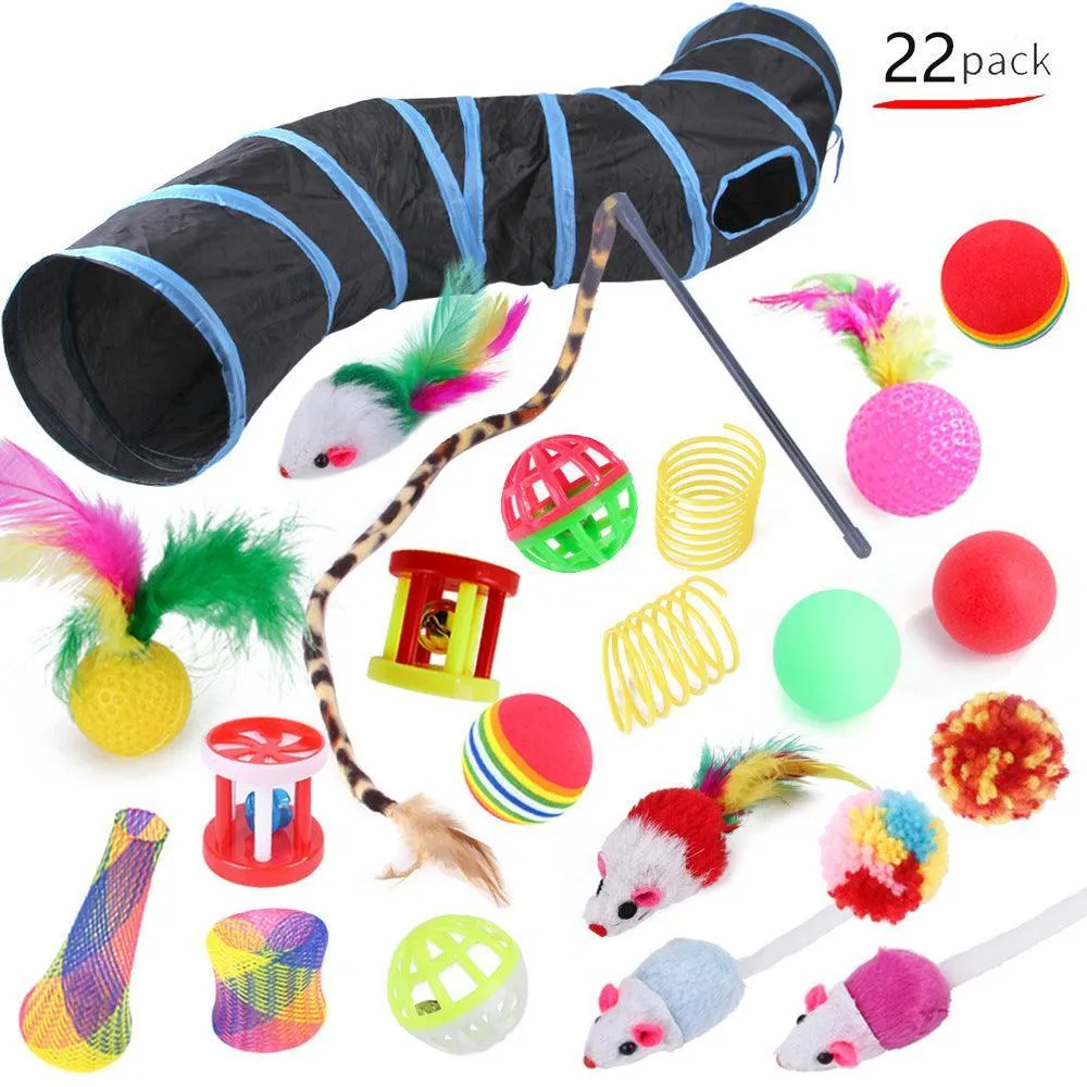 22-Piece Funny Cat Toy Set With Cat Tunnel - Interactive Pet Toys For Endless Fun by Dog Hugs Cat
