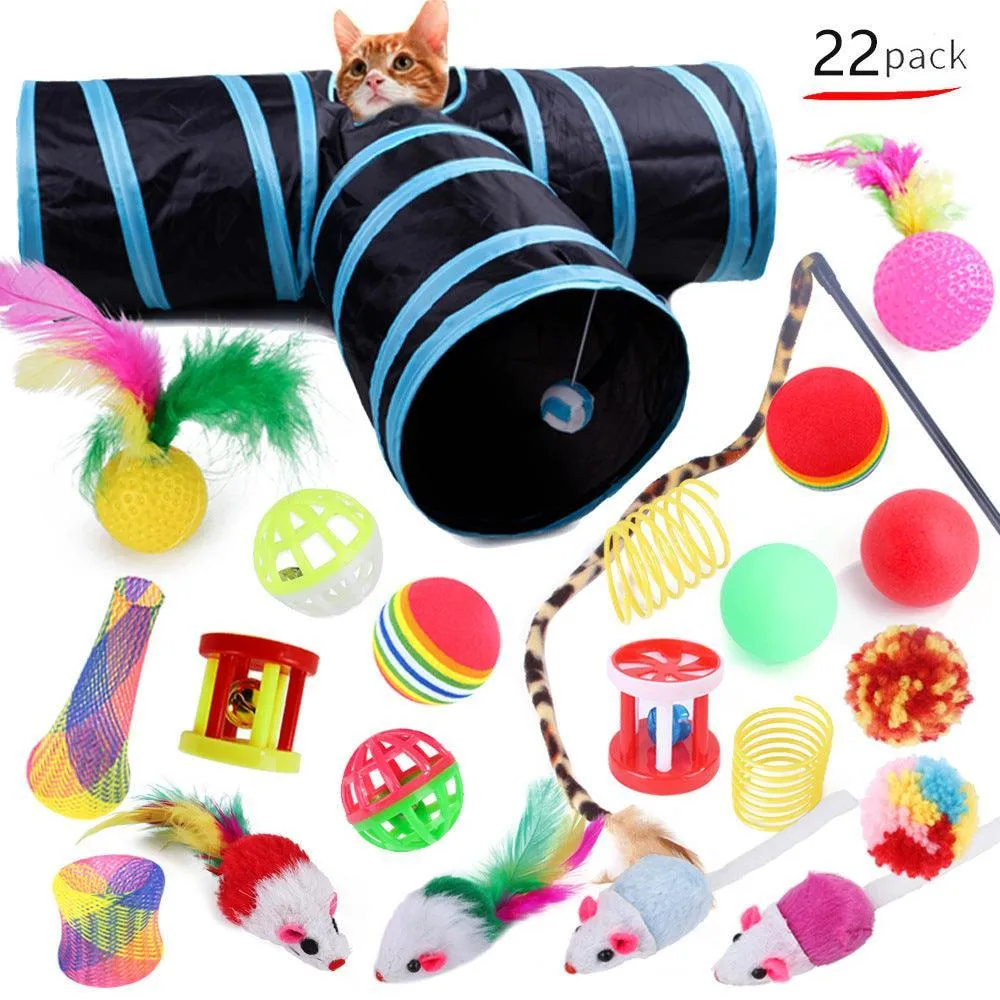22-Piece Funny Cat Toy Set With Cat Tunnel - Interactive Pet Toys For Endless Fun by Dog Hugs Cat