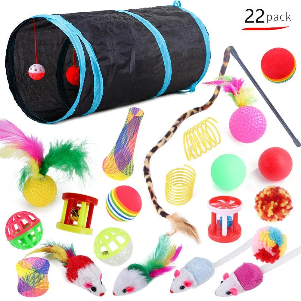 22-Piece Funny Cat Toy Set With Cat Tunnel - Interactive Pet Toys For Endless Fun by Dog Hugs Cat