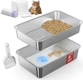 23.6x15.7x6 SuzziPaws Stainless Steel Litter Box with Odor Control System, XL Open Top Sifting Litter Box for Big Cats, Includes Pee Pads & Liners, Easy-Clean Metal Litter pan for Pine Pellets
