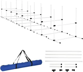 8 Piece Dog Agility Training Equipment Set - Adjustable Jump Bars, Carry Bag & Displacing Top Bar for Dogs White