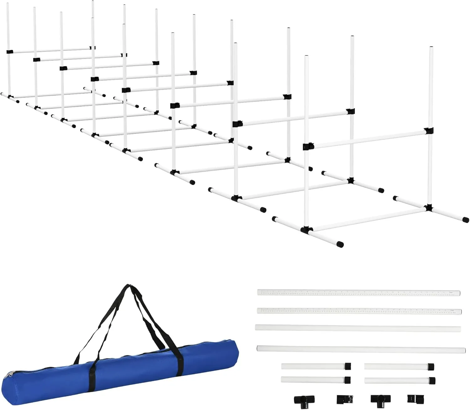 8 Piece Dog Agility Training Equipment Set - Adjustable Jump Bars, Carry Bag & Displacing Top Bar for Dogs White