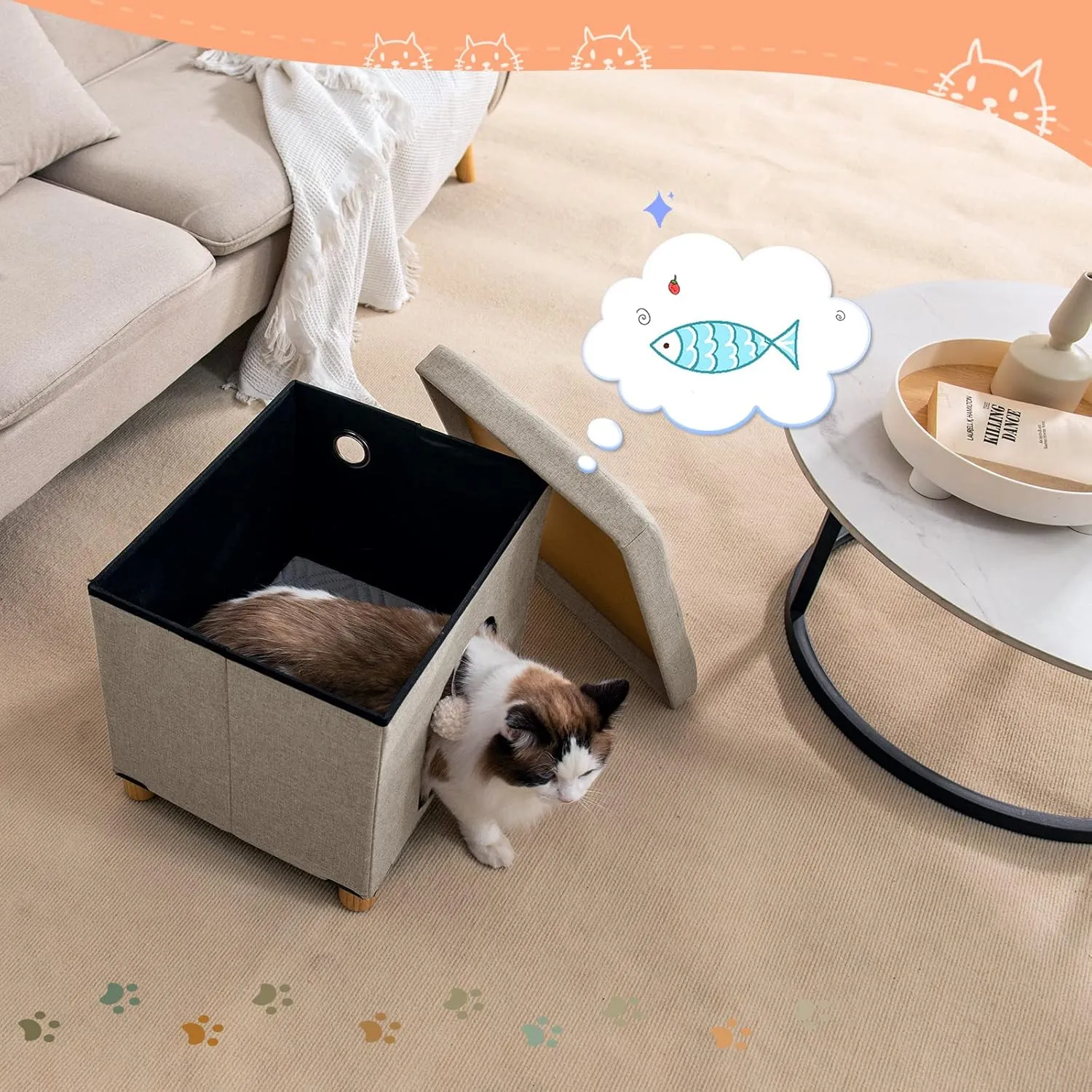 BRIAN & DANY Foldable Cat House for Indoor Cats, Large Cat Cube for Pet Cave with Scratch Board & Ball, 14.7" x 14.1 x 12.7, Beige
