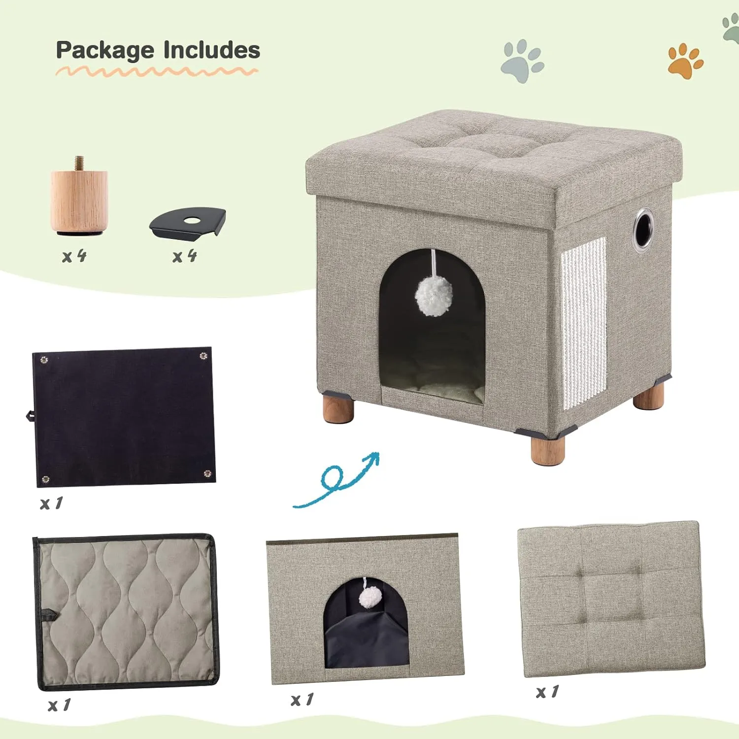 BRIAN & DANY Foldable Cat House for Indoor Cats, Large Cat Cube for Pet Cave with Scratch Board & Ball, 14.7" x 14.1 x 12.7, Beige