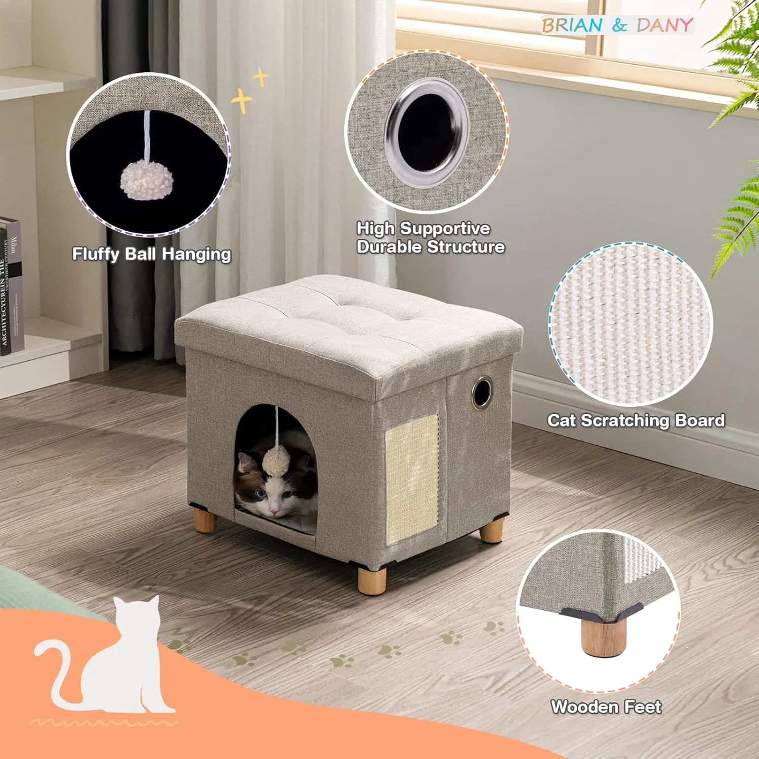 BRIAN & DANY Foldable Cat House for Indoor Cats, Large Cat Cube for Pet Cave with Scratch Board & Ball, 14.7" x 14.1 x 12.7, Beige
