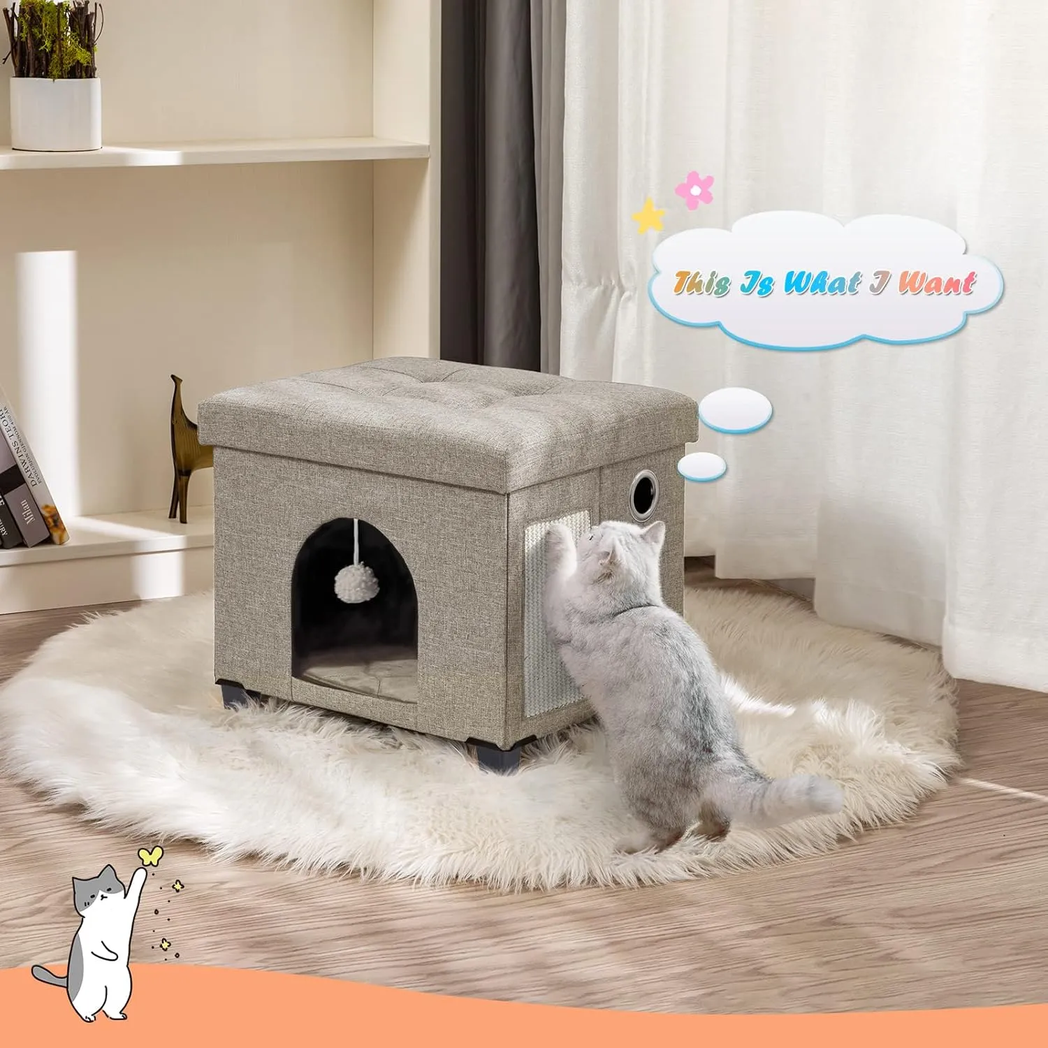 BRIAN & DANY Foldable Cat House for Indoor Cats, Large Cat Cube for Pet Cave with Scratch Board & Ball, 14.7" x 14.1 x 12.7, Beige