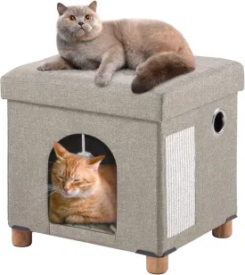 BRIAN & DANY Foldable Cat House for Indoor Cats, Large Cat Cube for Pet Cave with Scratch Board & Ball, 14.7" x 14.1 x 12.7, Beige