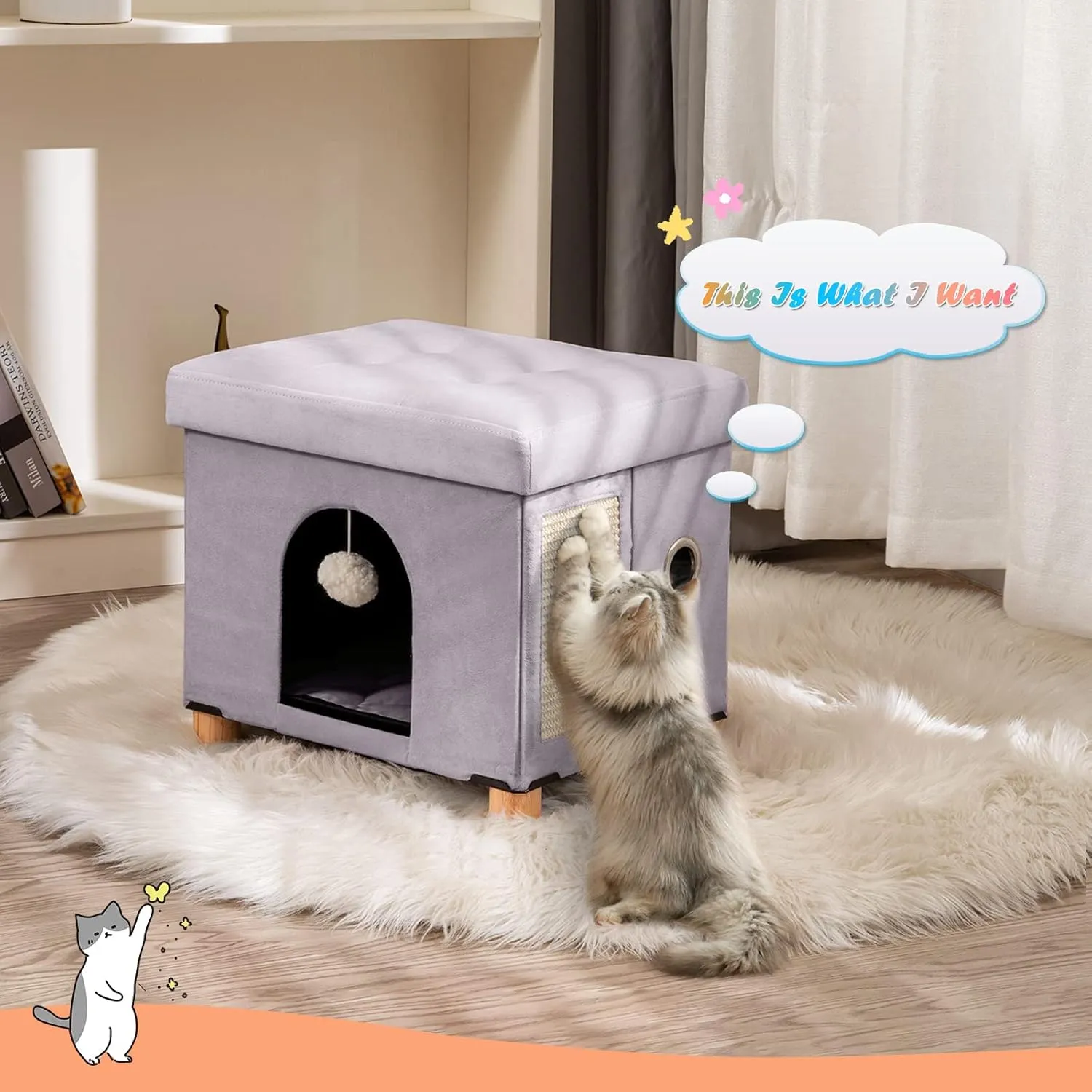 BRIAN & DANY Foldable Cat House for Indoor Cats, Large Cat Cube for Pet Cave with Scratch Board & Ball, 14.7" x 14.1 x 12.7, Light Gray