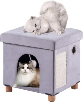 BRIAN & DANY Foldable Cat House for Indoor Cats, Large Cat Cube for Pet Cave with Scratch Board & Ball, 14.7" x 14.1 x 12.7, Light Gray