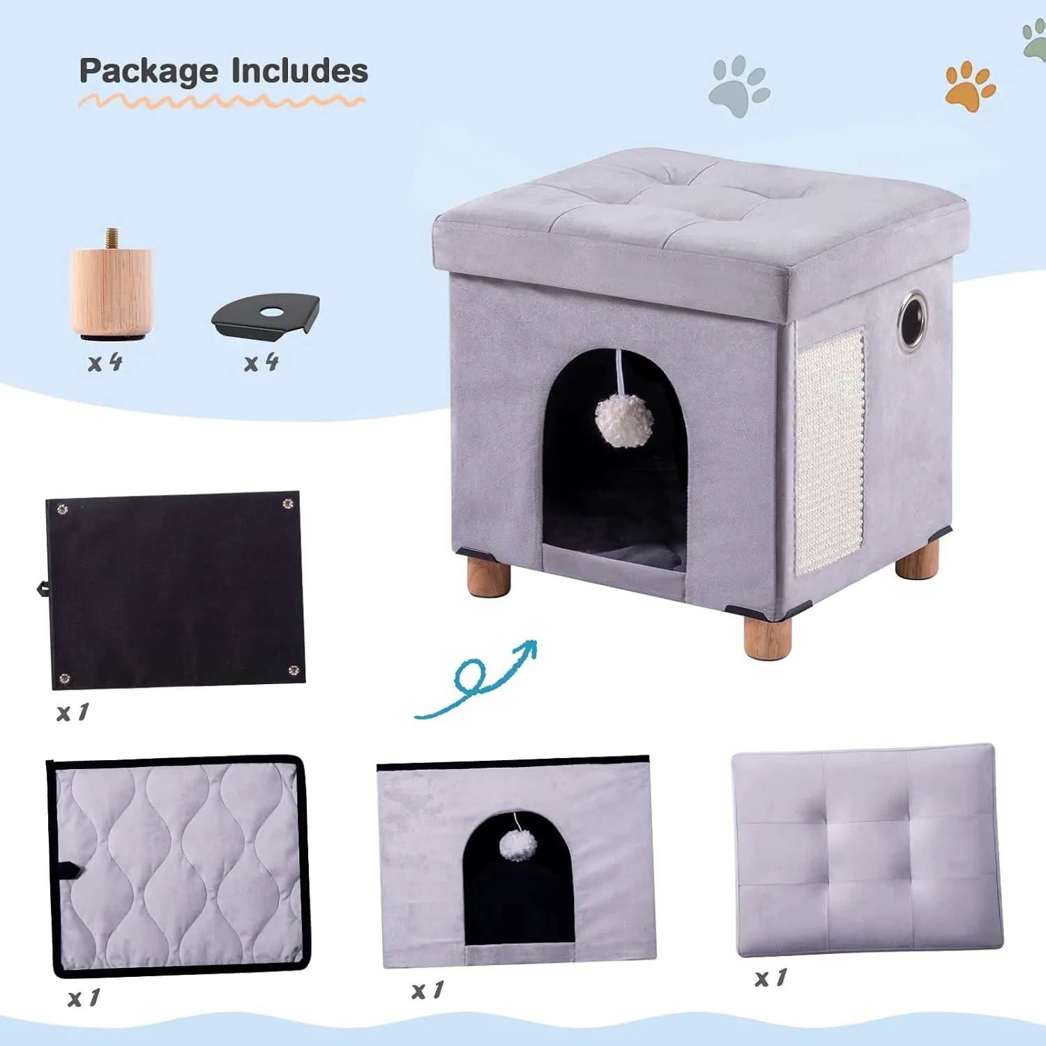 BRIAN & DANY Foldable Cat House for Indoor Cats, Large Cat Cube for Pet Cave with Scratch Board & Ball, 14.7" x 14.1 x 12.7, Light Gray