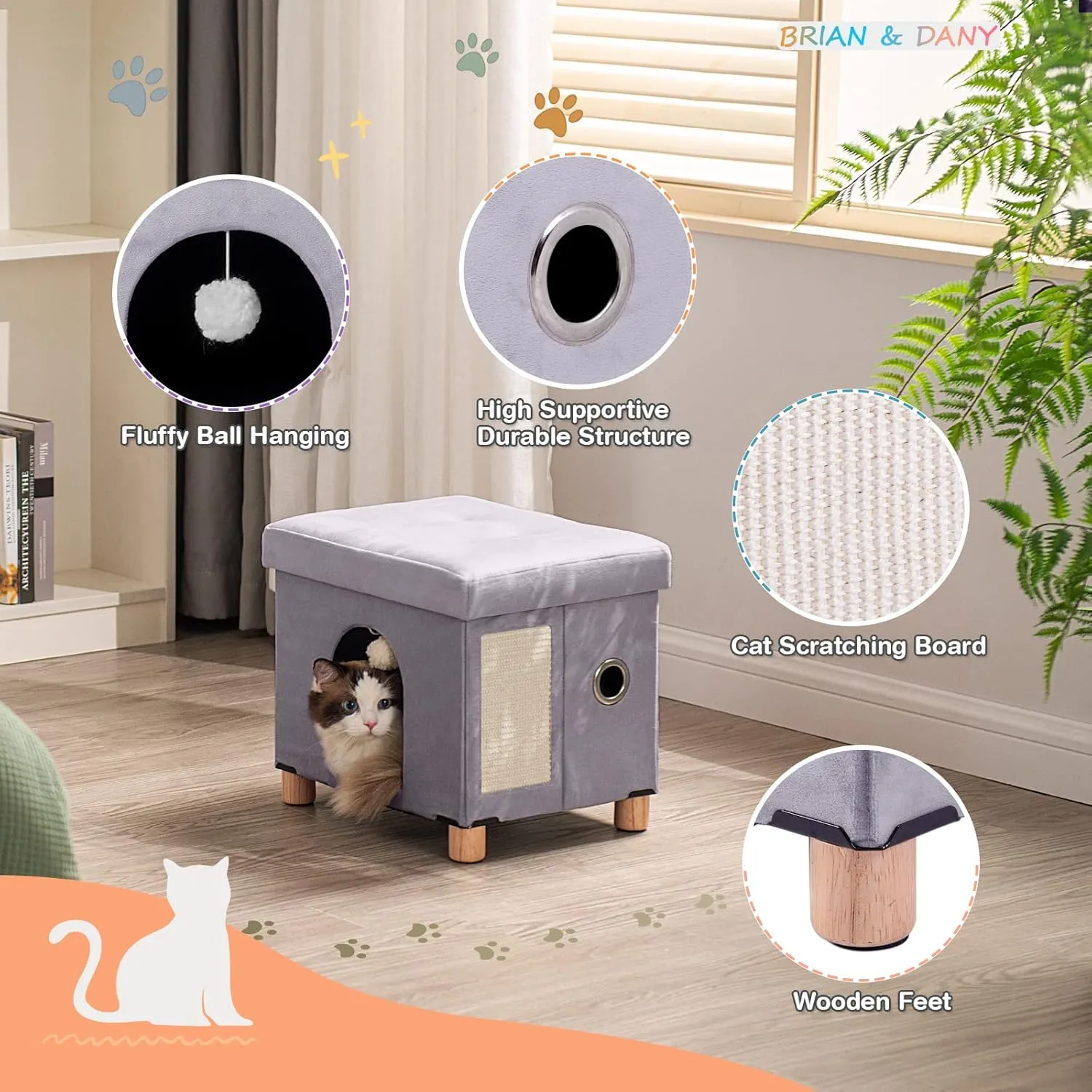 BRIAN & DANY Foldable Cat House for Indoor Cats, Large Cat Cube for Pet Cave with Scratch Board & Ball, 14.7" x 14.1 x 12.7, Light Gray
