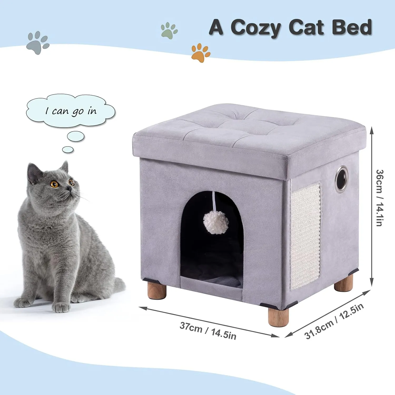 BRIAN & DANY Foldable Cat House for Indoor Cats, Large Cat Cube for Pet Cave with Scratch Board & Ball, 14.7" x 14.1 x 12.7, Light Gray