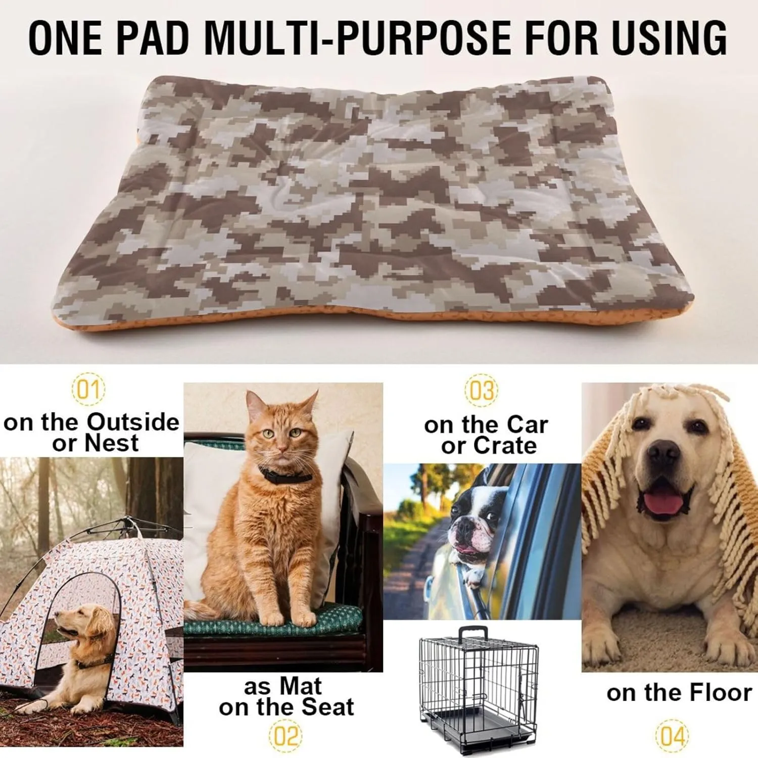 Brown Camouflage Pet Mat, Comfortable Soft Dog Crate Pad Anti-Slip Pet Mattress for Small Medium Large Dogs and Cats, 24 x 18 Inch