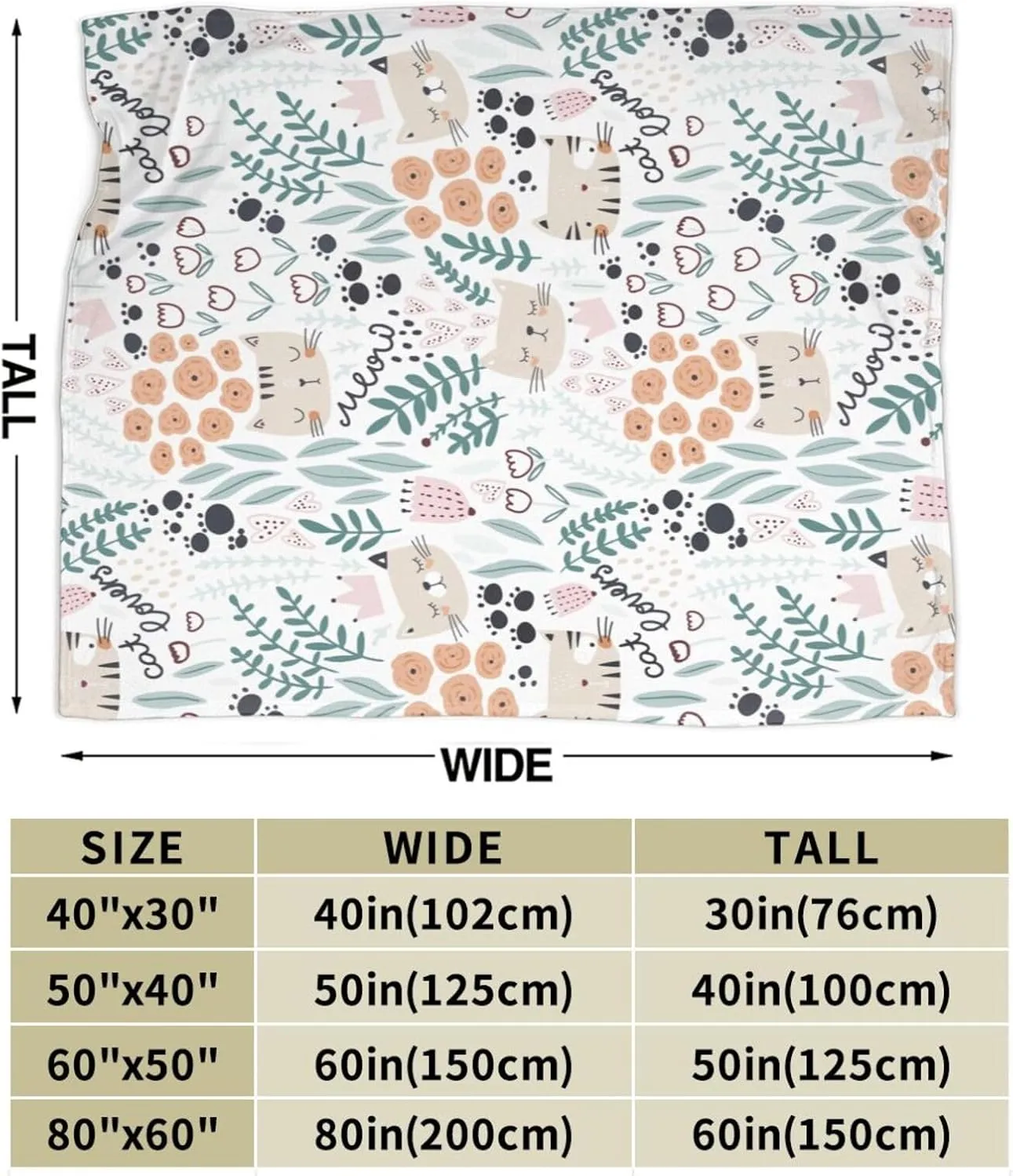 Cat and Floral Thermal Throw Blanket, Ultra Soft Warm Cozy Microfiber All Season Lightweight Cat Flannel Fleece Blanket for Sofa Bed Couch Office Travel, 60x50 Inches