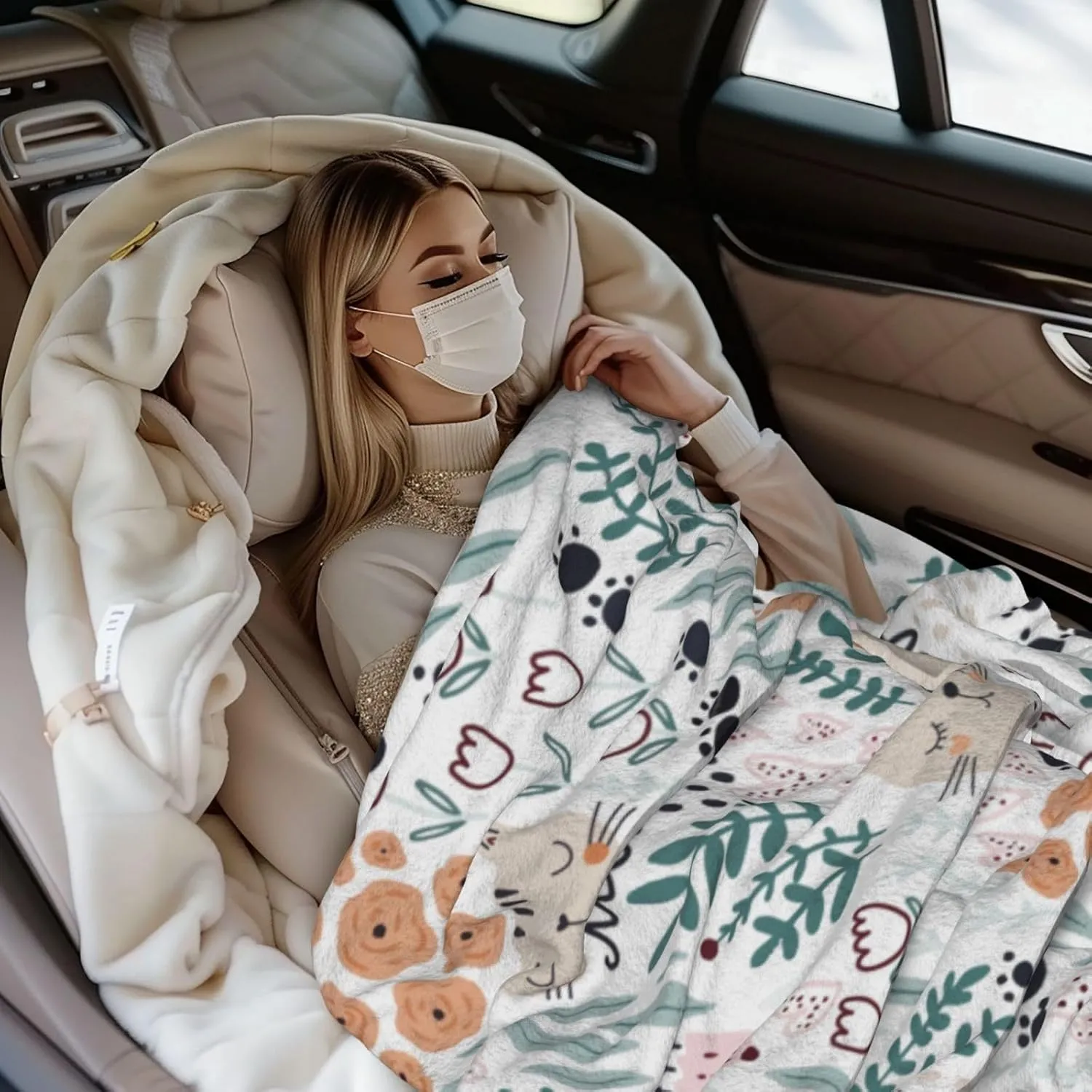Cat and Floral Thermal Throw Blanket, Ultra Soft Warm Cozy Microfiber All Season Lightweight Cat Flannel Fleece Blanket for Sofa Bed Couch Office Travel, 60x50 Inches