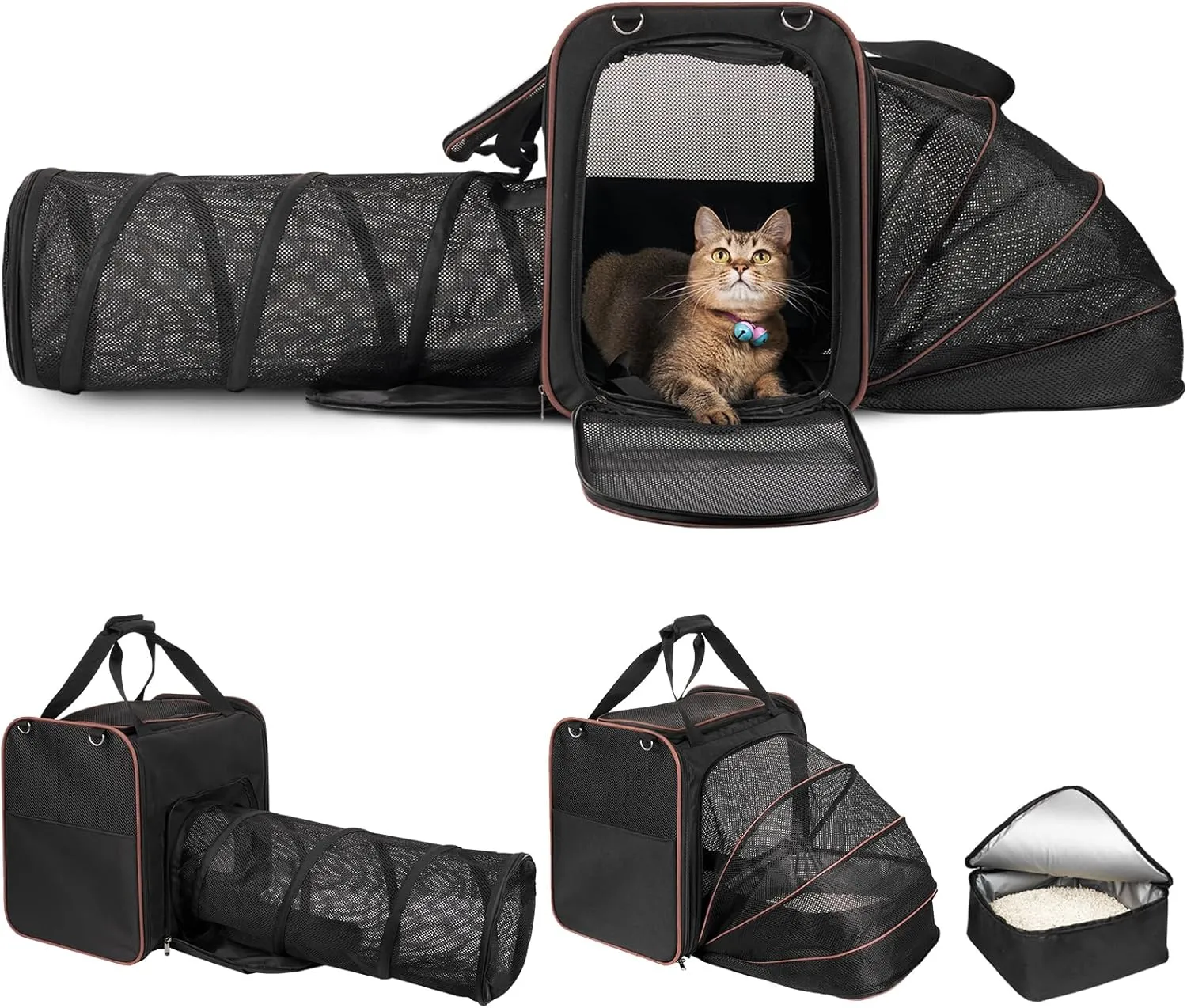Cat Carrier with Litter Box - INRLKIT Expandable Cat Travel Carrier with Breathable Mesh Tunnel, Portable Pet Carrier for Car Travel, Up to 25 lbs for Travel Hiking Camping Outdoor (Black)