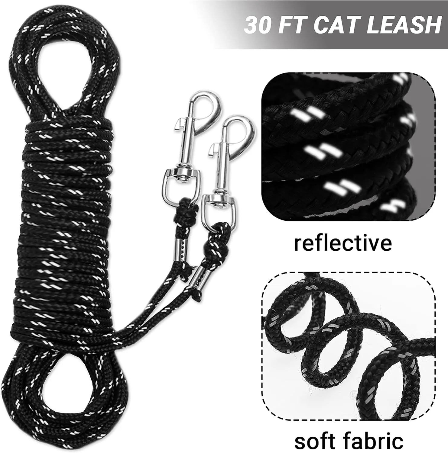Cat Leash - 15 ft / 30 ft Reflective Long Cat Leash Outdoor for Walking Training Playing - Escape Proof Yard Lead Pet Leash Also for Cats, Small Dogs, Puppy, Kitten, Rabbit