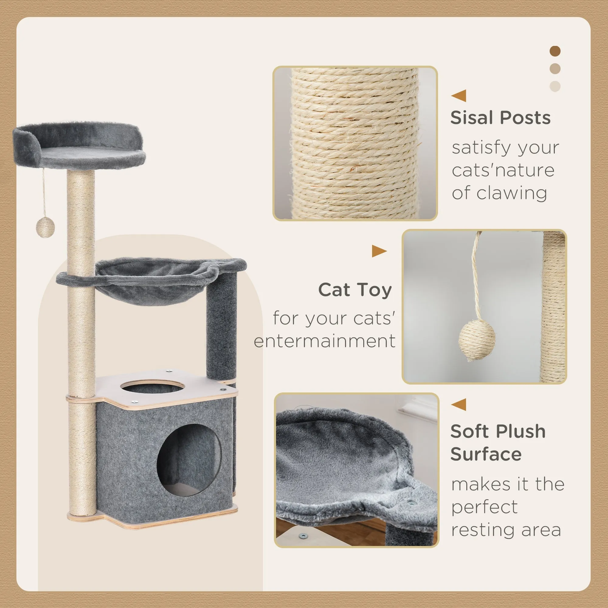 Cat Tree for Indoor Cats 95cm Climbing Tower Kitten Activity Center with Sisal Scratching Post Perch Roomy Condo Hammock Removable Felt Hanging Toy, Grey