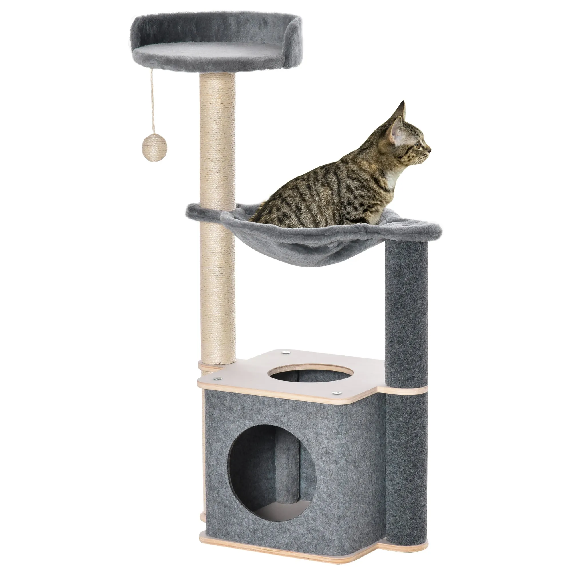 Cat Tree for Indoor Cats 95cm Climbing Tower Kitten Activity Center with Sisal Scratching Post Perch Roomy Condo Hammock Removable Felt Hanging Toy, Grey