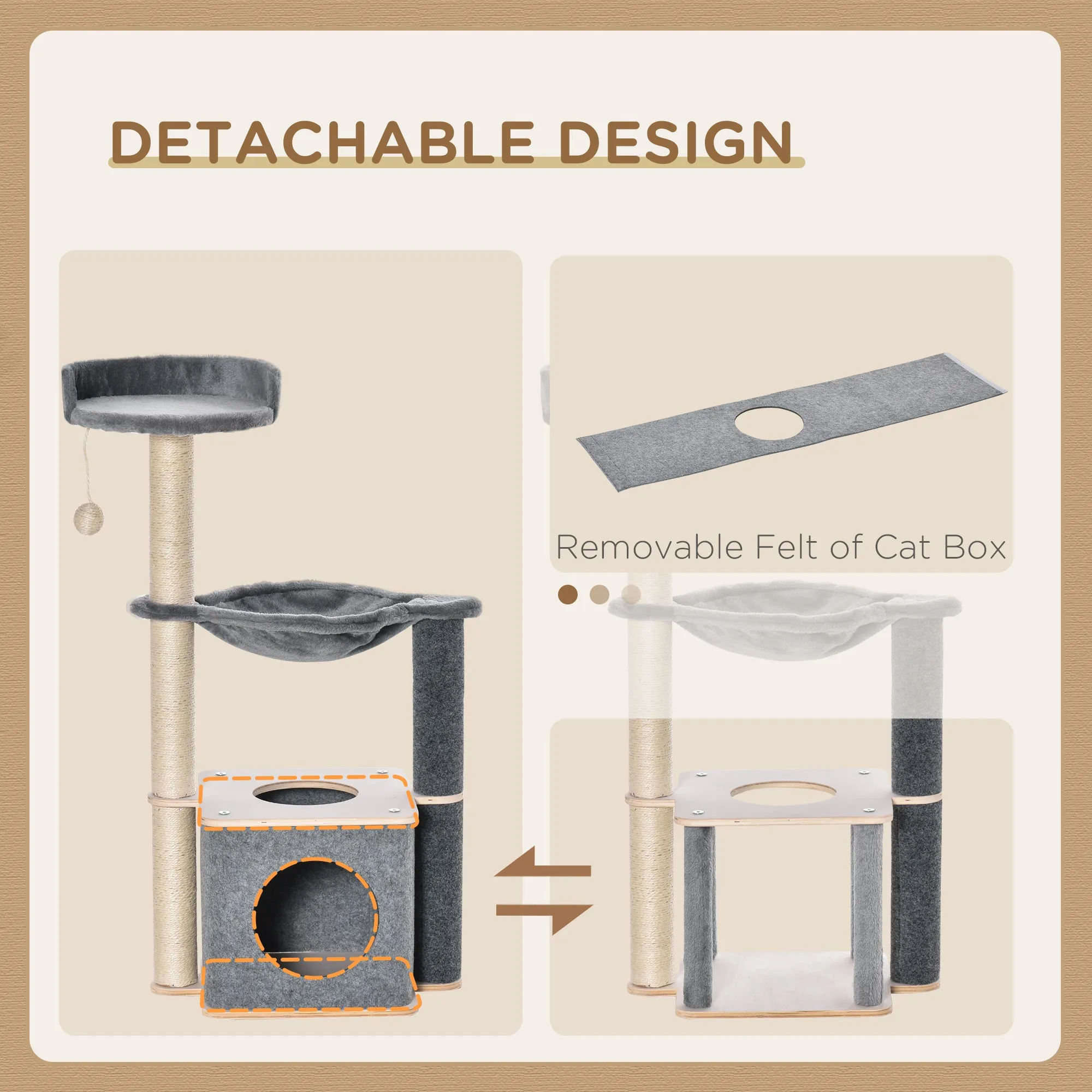 Cat Tree for Indoor Cats 95cm Climbing Tower Kitten Activity Center with Sisal Scratching Post Perch Roomy Condo Hammock Removable Felt Hanging Toy, Grey
