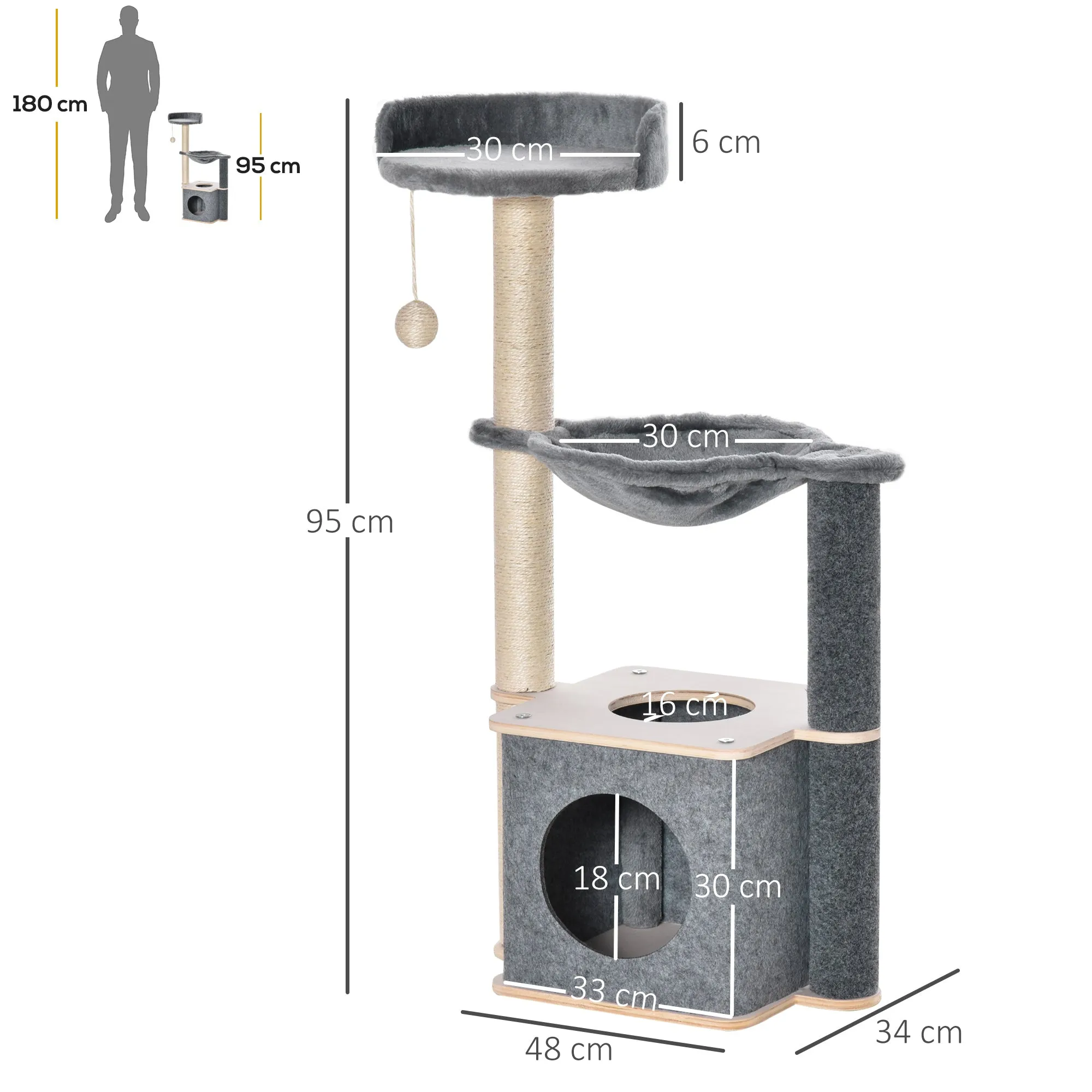 Cat Tree for Indoor Cats 95cm Climbing Tower Kitten Activity Center with Sisal Scratching Post Perch Roomy Condo Hammock Removable Felt Hanging Toy, Grey