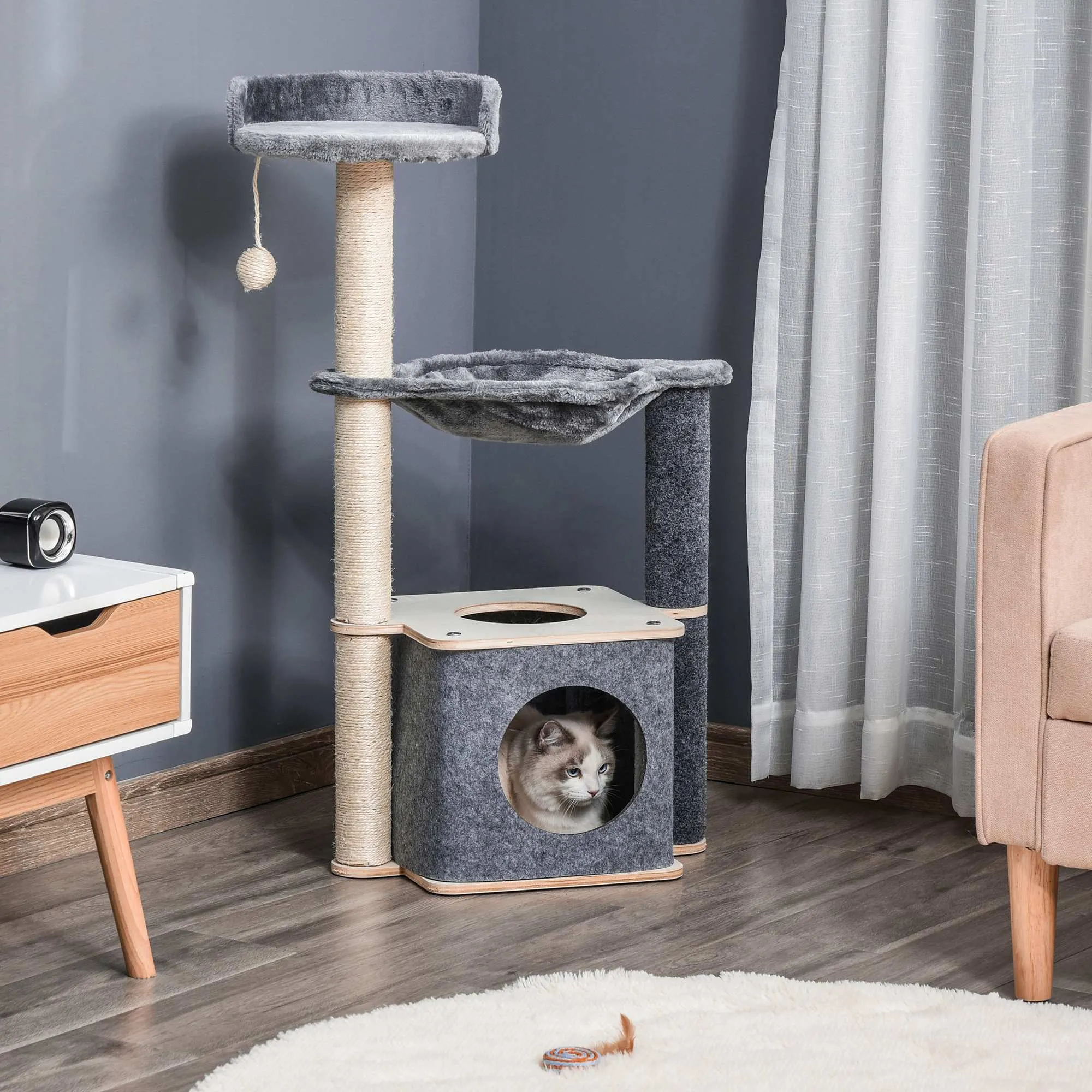 Cat Tree for Indoor Cats 95cm Climbing Tower Kitten Activity Center with Sisal Scratching Post Perch Roomy Condo Hammock Removable Felt Hanging Toy, Grey
