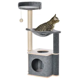Cat Tree for Indoor Cats 95cm Climbing Tower Kitten Activity Center with Sisal Scratching Post Perch Roomy Condo Hammock Removable Felt Hanging Toy, Grey