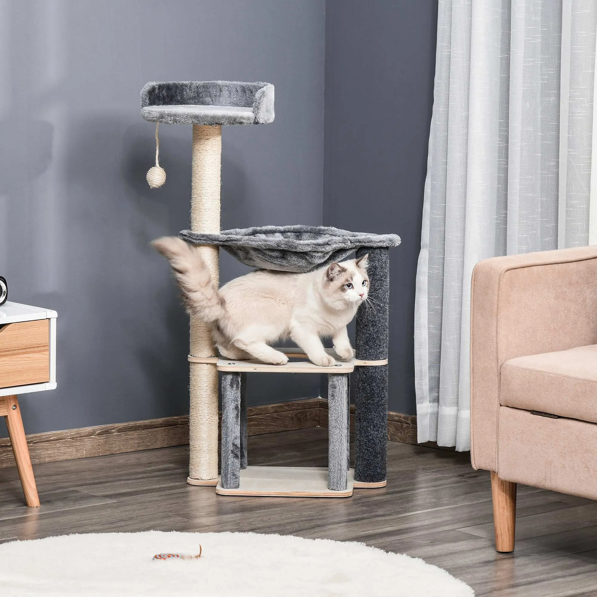 Cat Tree for Indoor Cats 95cm Climbing Tower Kitten Activity Center with Sisal Scratching Post Perch Roomy Condo Hammock Removable Felt Hanging Toy, Grey