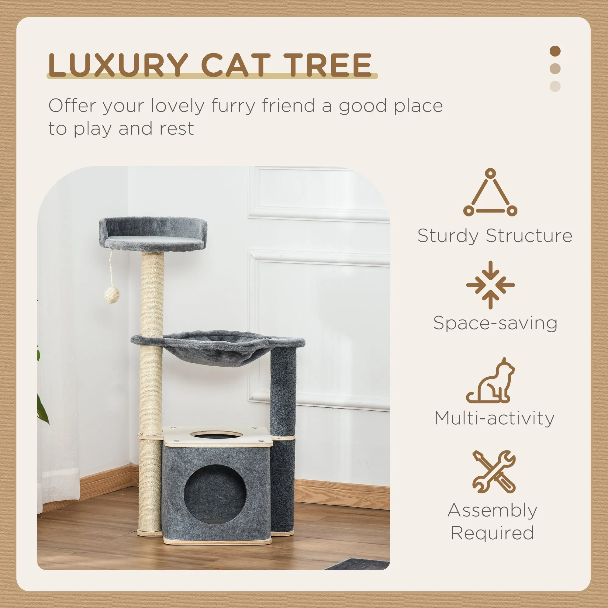 Cat Tree for Indoor Cats 95cm Climbing Tower Kitten Activity Center with Sisal Scratching Post Perch Roomy Condo Hammock Removable Felt Hanging Toy, Grey