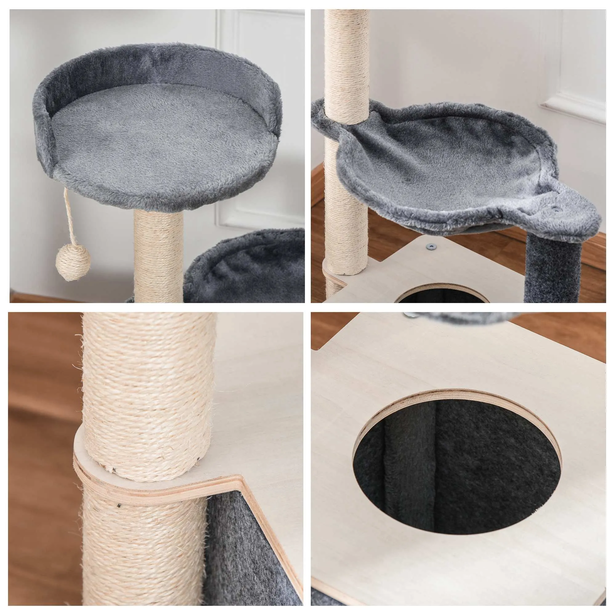 Cat Tree for Indoor Cats 95cm Climbing Tower Kitten Activity Center with Sisal Scratching Post Perch Roomy Condo Hammock Removable Felt Hanging Toy, Grey