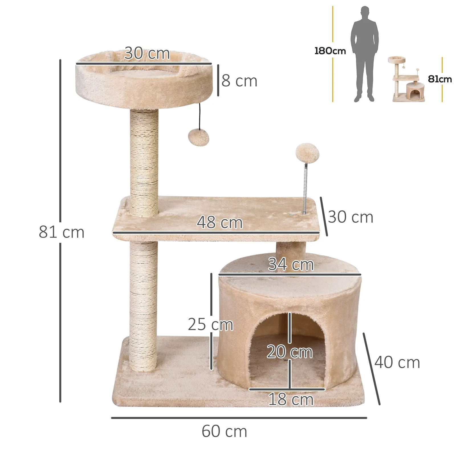 Cat Tree for Indoor Cats with Scratching Post Climbing Tower Kitty Activity Centre Condo Perch Jumping Platforms Beige 60L x 40W x 81H cm