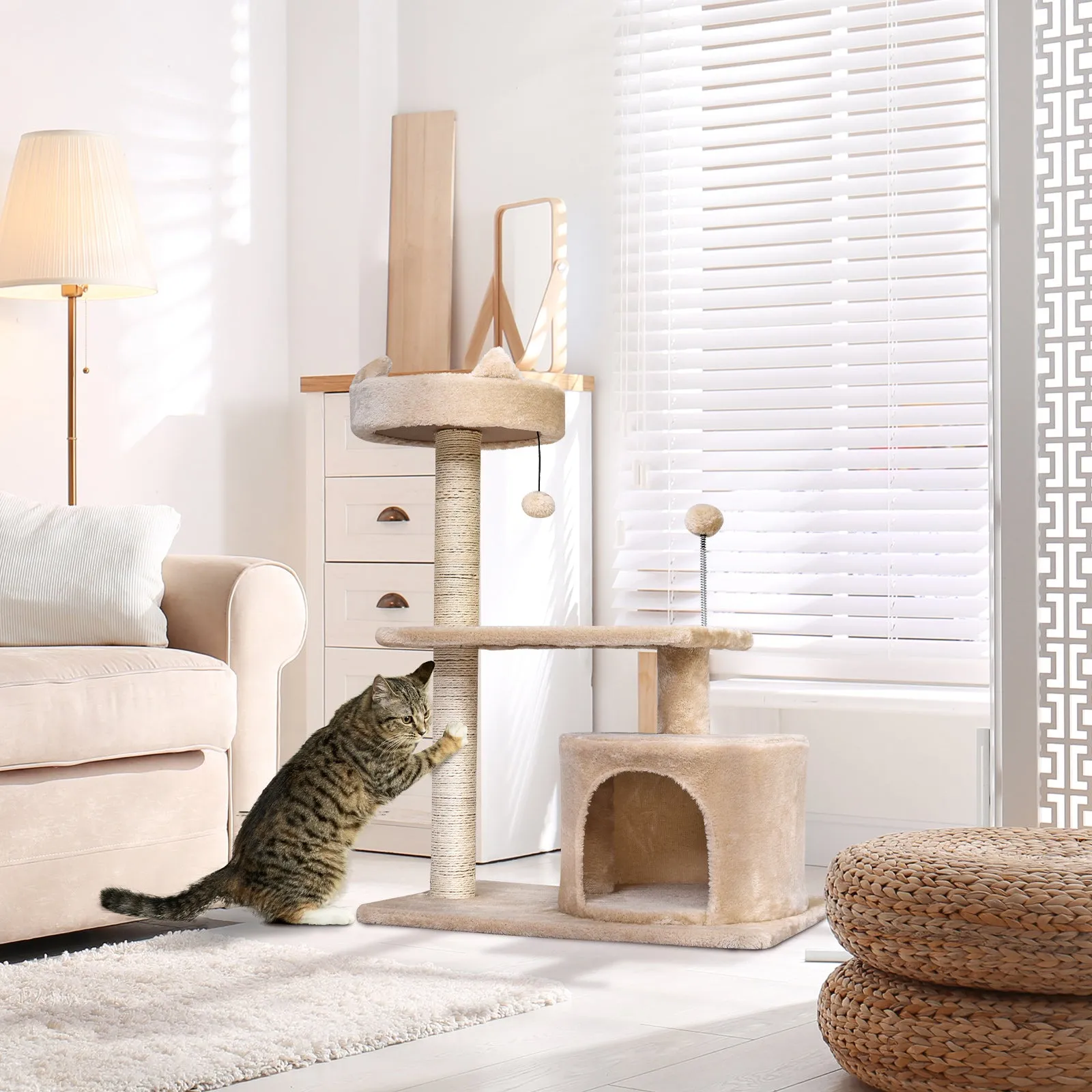 Cat Tree for Indoor Cats with Scratching Post Climbing Tower Kitty Activity Centre Condo Perch Jumping Platforms Beige 60L x 40W x 81H cm