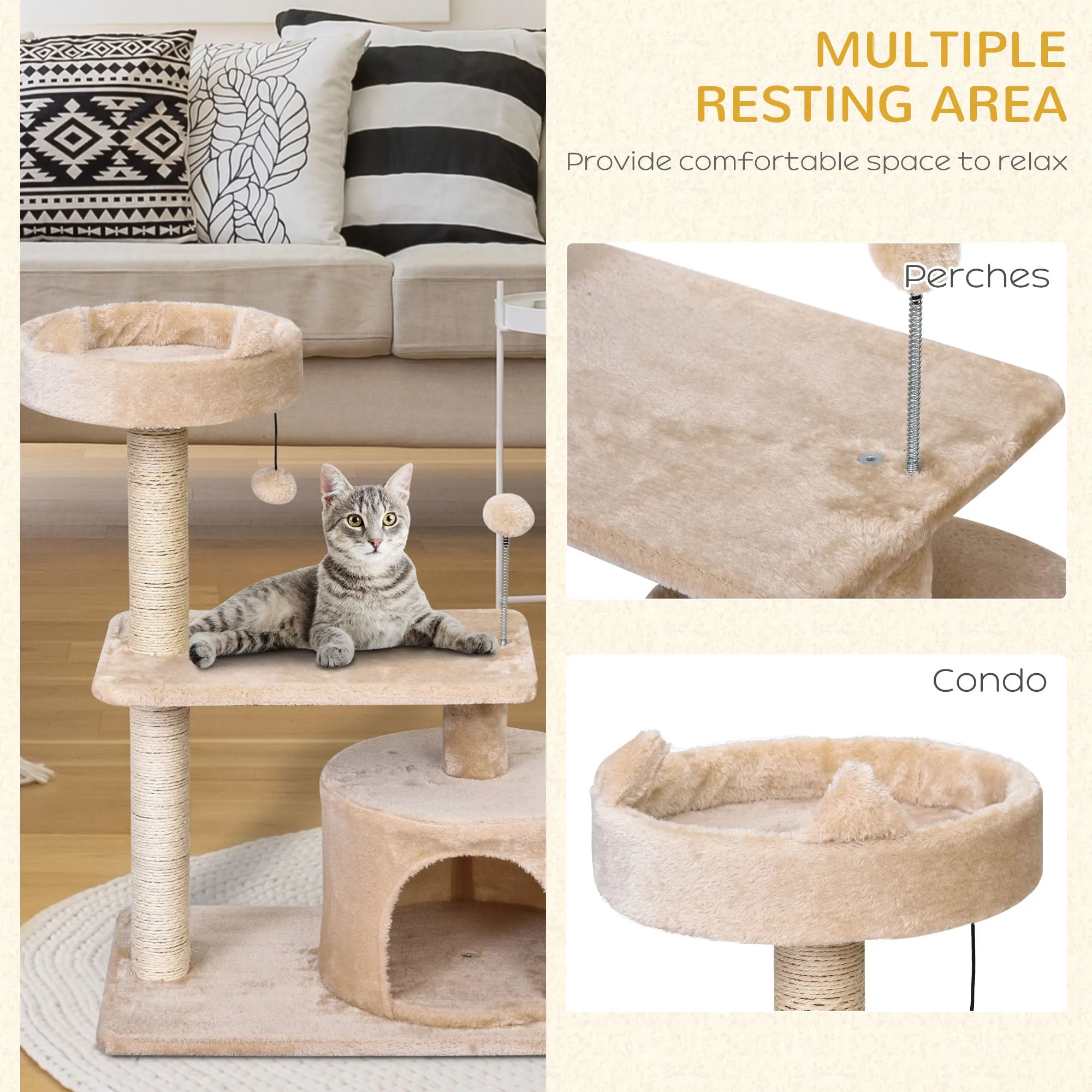 Cat Tree for Indoor Cats with Scratching Post Climbing Tower Kitty Activity Centre Condo Perch Jumping Platforms Beige 60L x 40W x 81H cm