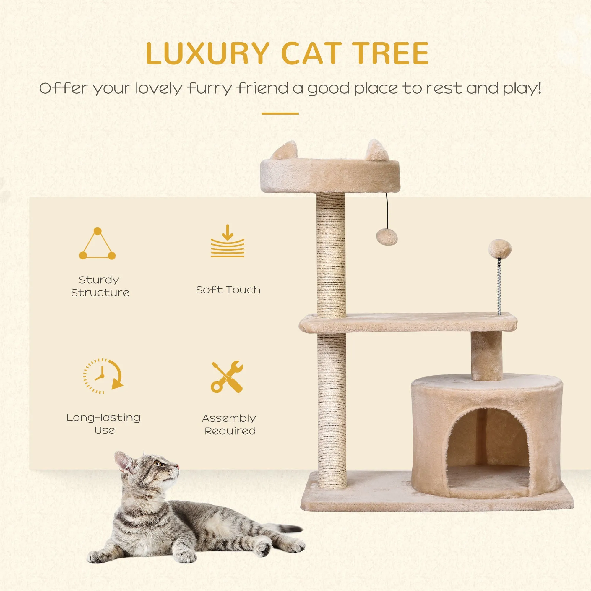 Cat Tree for Indoor Cats with Scratching Post Climbing Tower Kitty Activity Centre Condo Perch Jumping Platforms Beige 60L x 40W x 81H cm