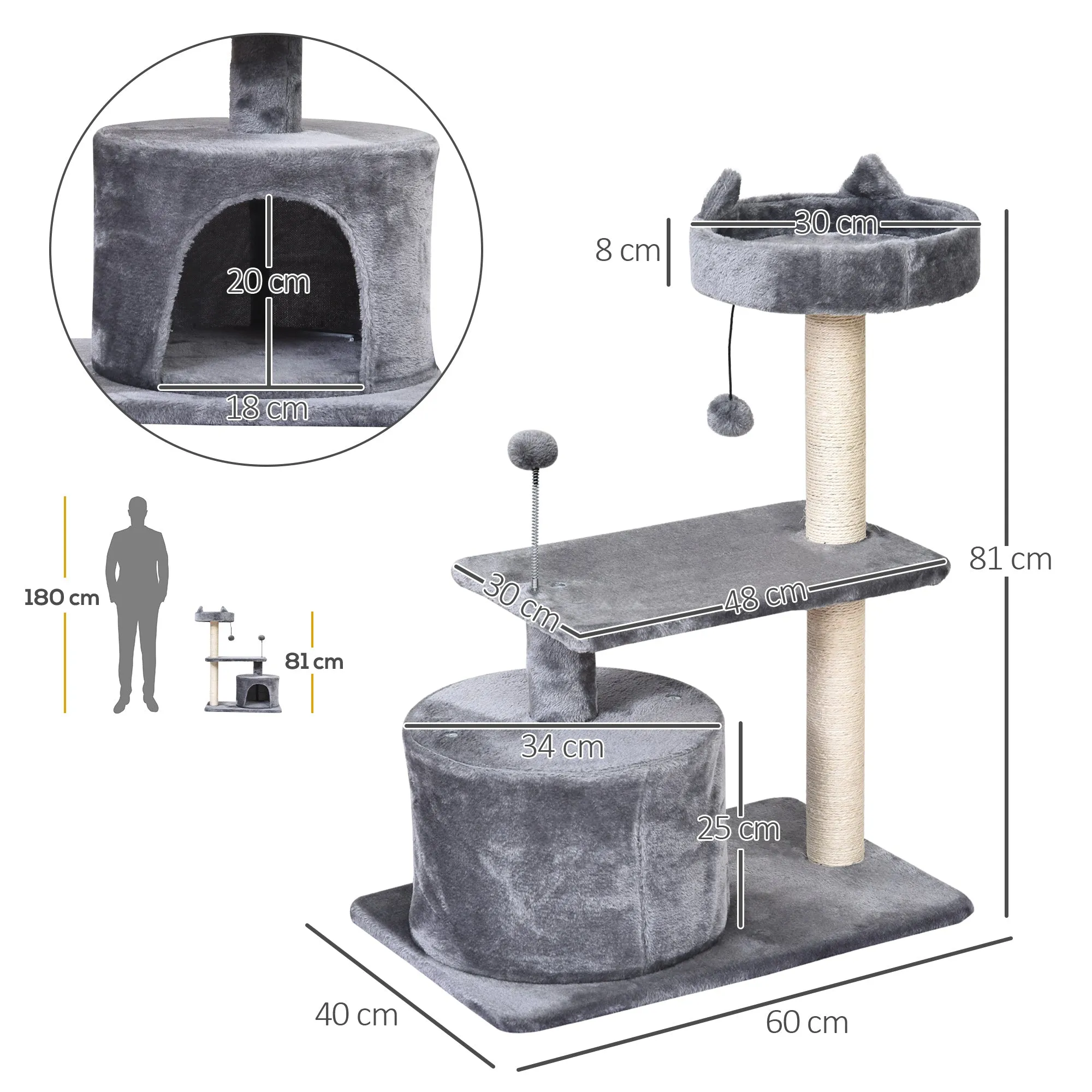 Cat Tree for Indoor Cats with Scratching Post Climbing Tower Kitty Activity Centre Condo Perch Jumping Platforms Grey 60L x 40W x 81H cm