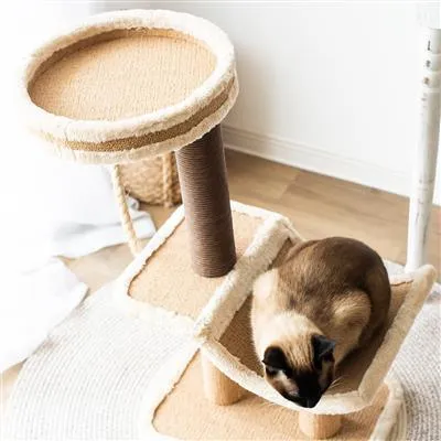 Catry, Cradle-Beige Cat Tree Cradle Bed with Recycled Paper Scratching Posts and Teasing Rope