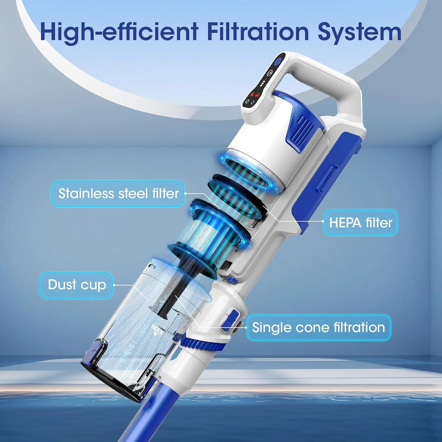 Cordless Vacuum Cleaner, Brushless Motor Powerful Suction Stick Vacuum, LED Display, with 2500 mAh Detachable Battery, 45 Mins Runtime Vacuum Cleaners for Home/Pet Hair/Hardwood/Carpets,Indigo