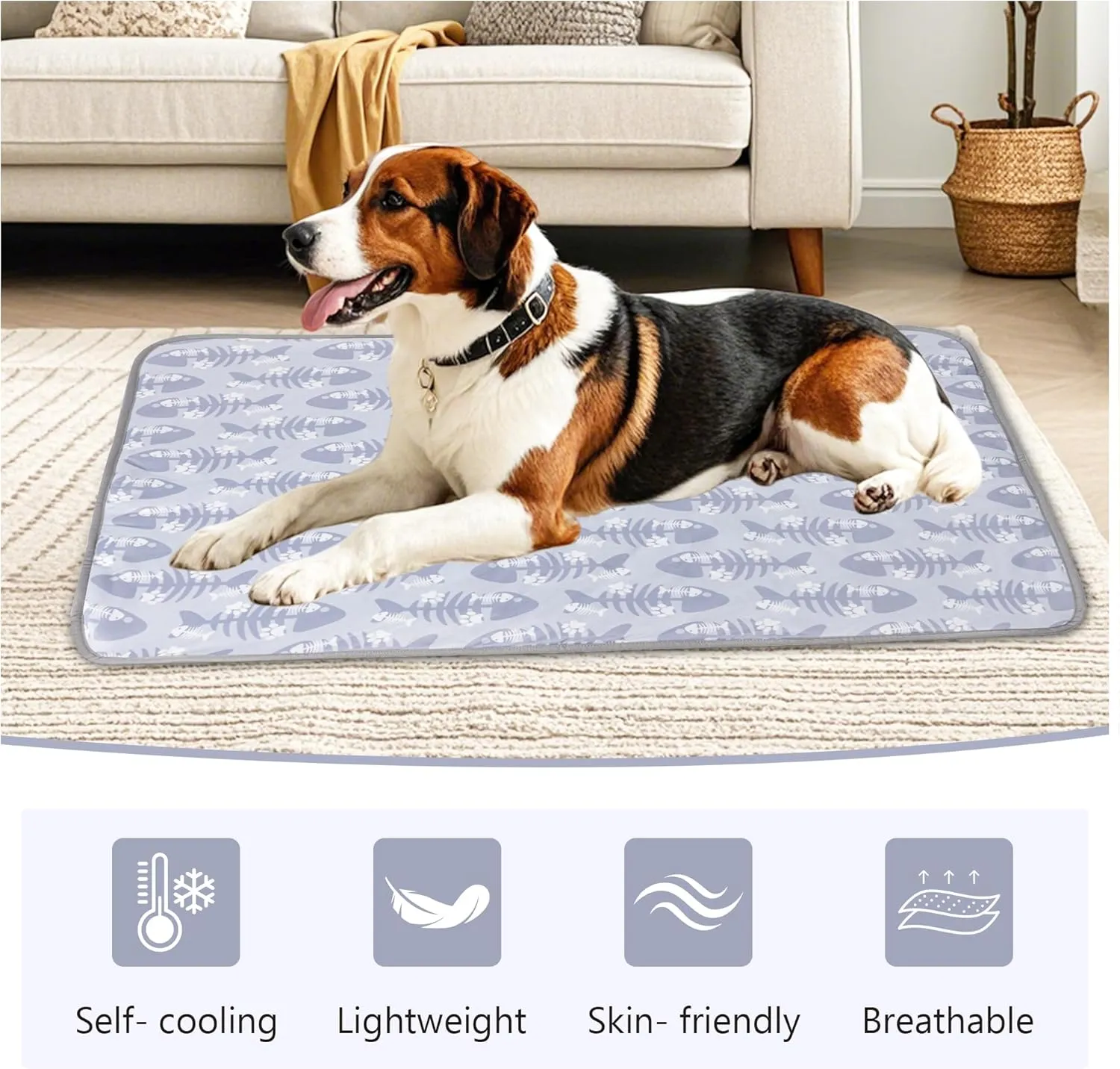DELIFUR Dog Cooling Mat- Pet Cooling Mat Outdoor for Dogs Ice Pad for Puppy Small Medium Dog Machine Washable (Large, Grey Fishbone)