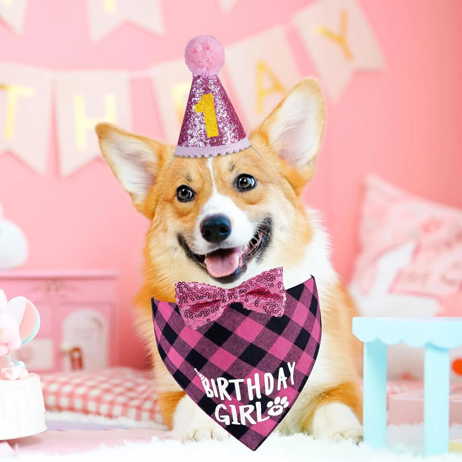 Dog Birthday Party Supplies, Dog Birthday Girl Bandana Hat Numbers Bow Set for Small, Medium, Large Dogs Pets Party Decorations