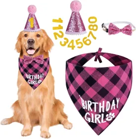 Dog Birthday Party Supplies, Dog Birthday Girl Bandana Hat Numbers Bow Set for Small, Medium, Large Dogs Pets Party Decorations