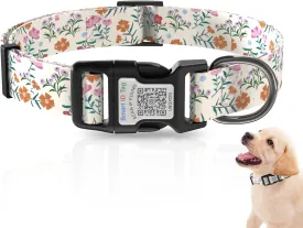 Dog Collars for Medium Dogs,Dog Collar with QR Code Name Tag,Soft Polyester Material, Adjustable Pet ID Tag Collar (Pink Flower, Medium)