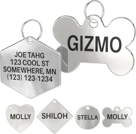 Dr. Fremont's Stainless Steel Pet ID Tags Engraved and Personalized for Dogs and Cats on Both Sides in Bone, Heart, Circle Round, Hexagon, and Diamond