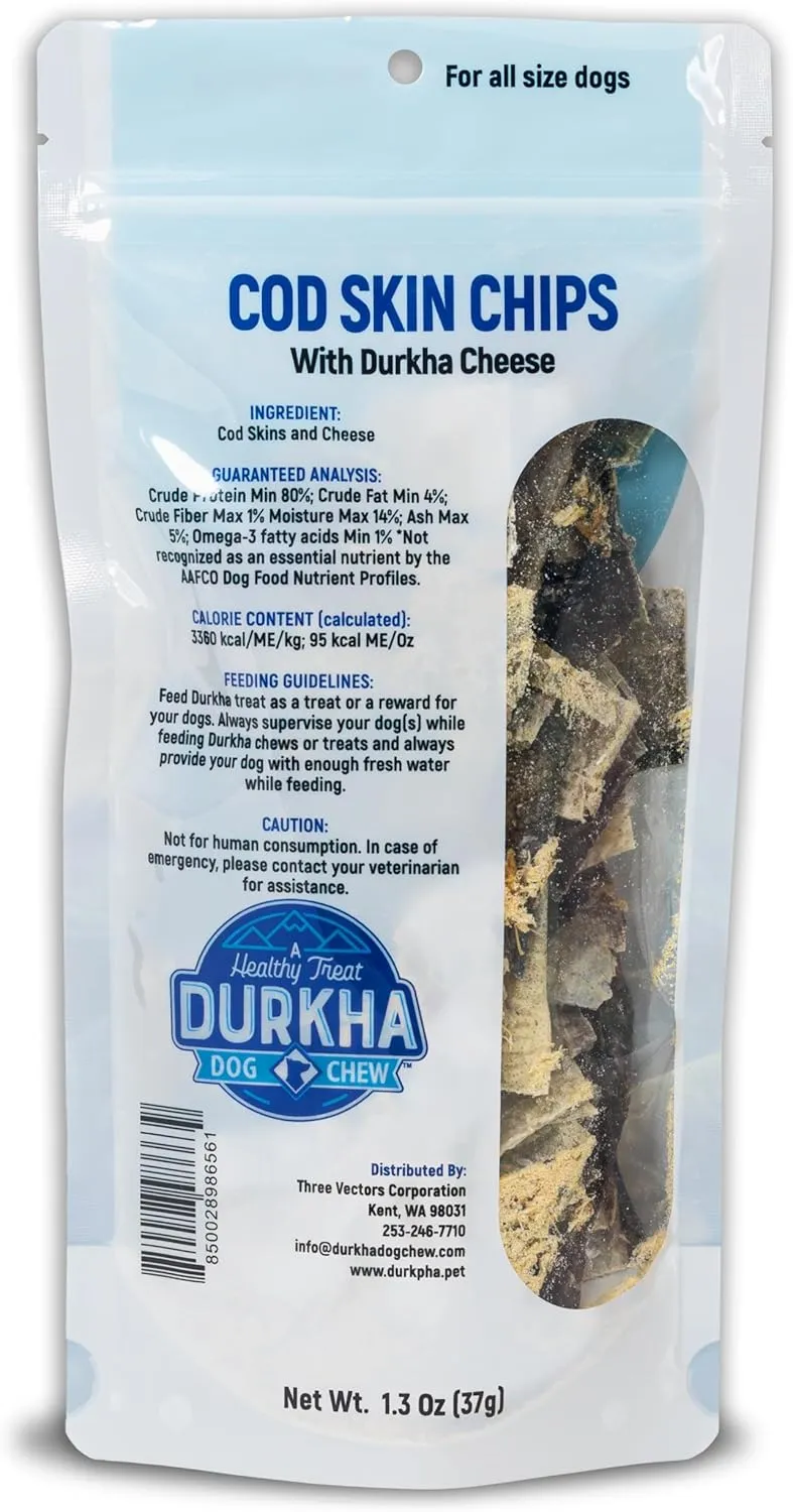 Durkha Cod Skin Chips  All-Natural Dog Treats, High in Omega-3, Gentle on Sensitive Stomachs, Infused with Himalayan Yak Cheese - 1 Pack