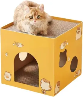 Extra Large Cardboard Cat Scratcher House Lounge Two-Level Cardboard Cat House Hideout Condo Bed Toy Storage (Yellow)