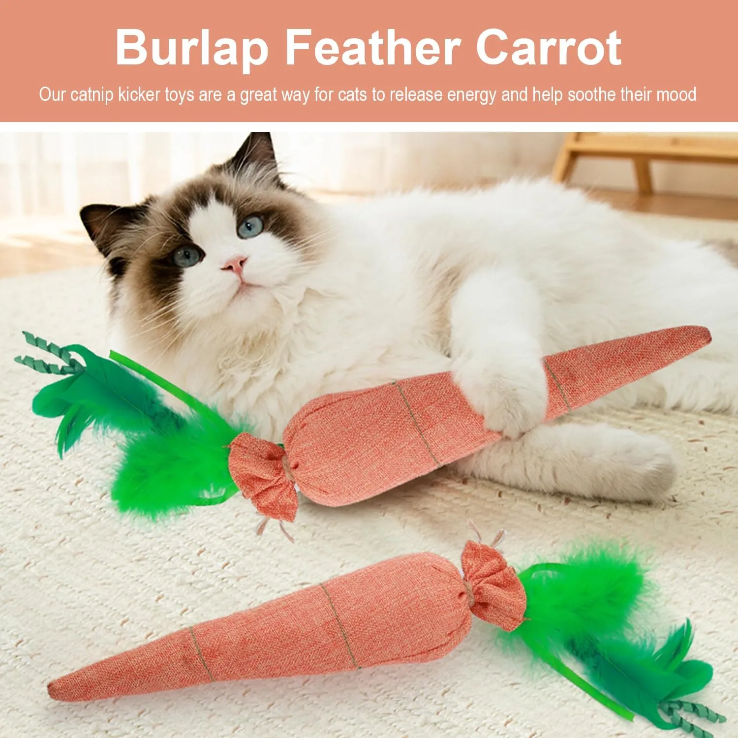 Fun Carrot Catnip Toys for Indoor Cats to Keep Them Busy, Orange Carrot Crinkle Kicker Catnip Cat Toy, Soft Linen, Catmint Toys for Cats All Breeds (3 PCS)