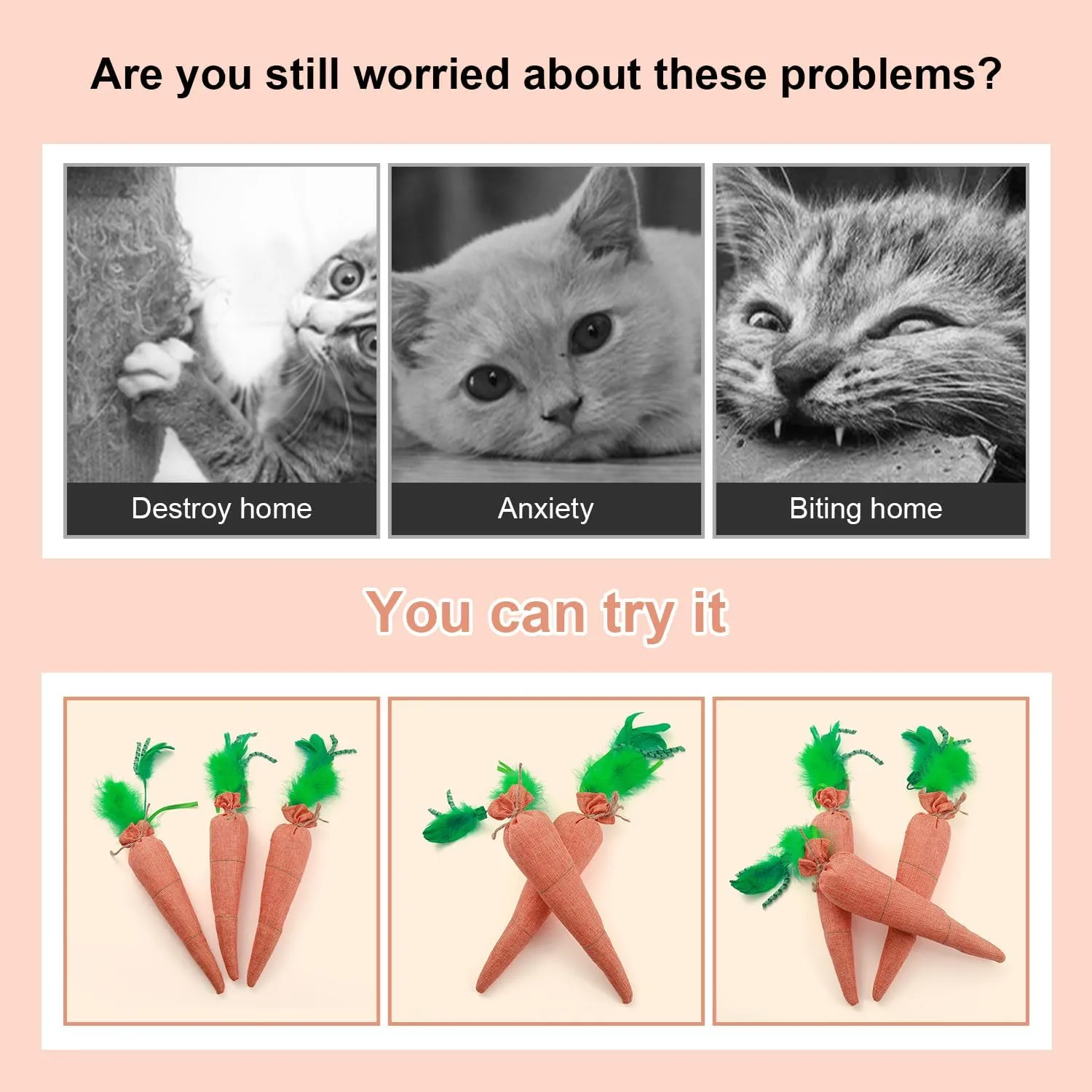 Fun Carrot Catnip Toys for Indoor Cats to Keep Them Busy, Orange Carrot Crinkle Kicker Catnip Cat Toy, Soft Linen, Catmint Toys for Cats All Breeds (3 PCS)