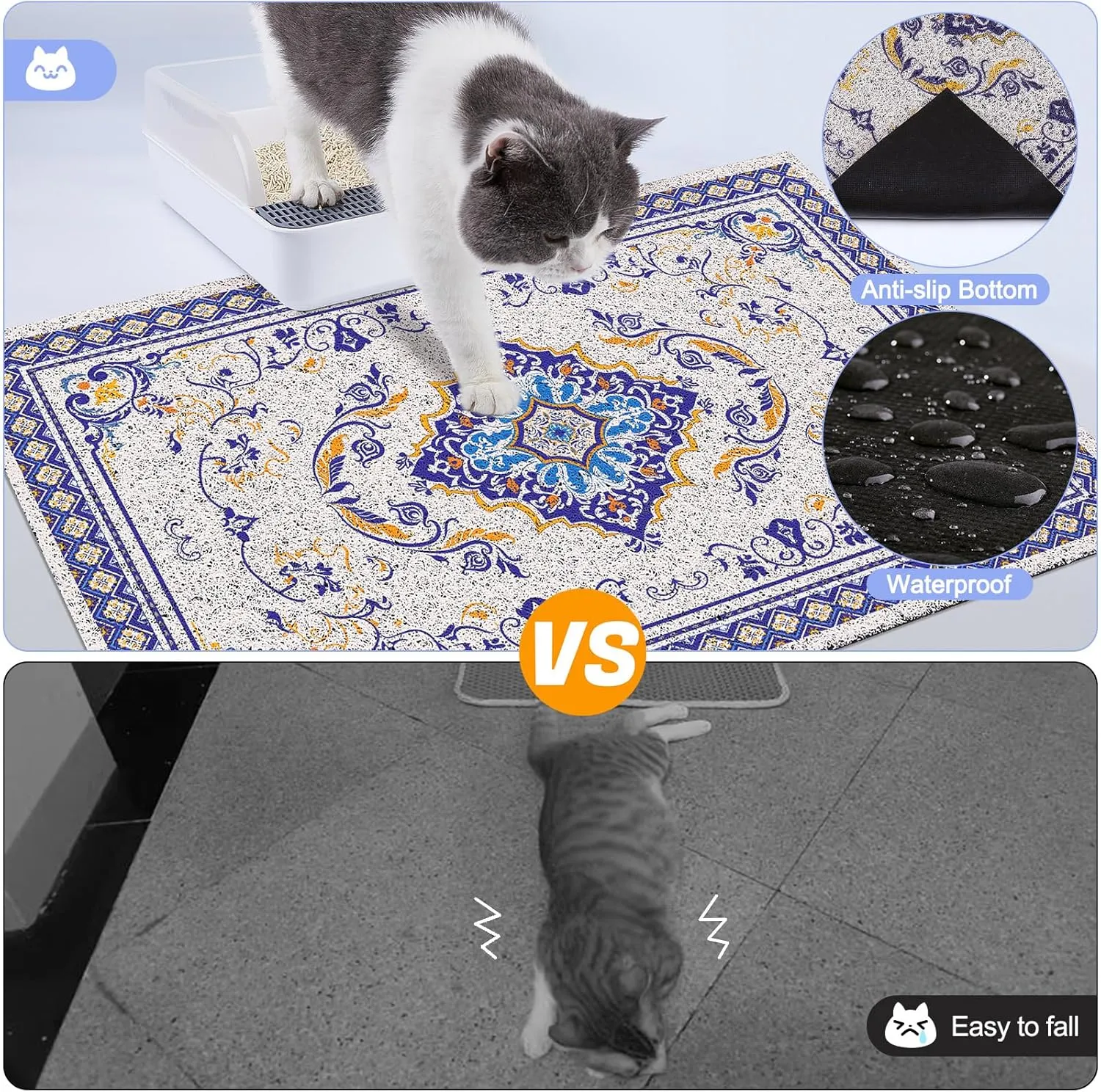 Glittme Cat Litter Mat with Non-Slip Bottom Litter Box Mat Waterproof Litter Trapping Mat Easy to Clean Washable Cat Food Mat for Kitty,XL